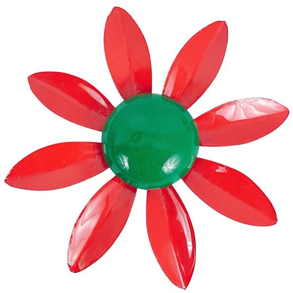 Vintage 1960s Brooch Red Green Enamel Flower  Mid Century Mod Retro Kitschy Pin - Picture 1 of 13